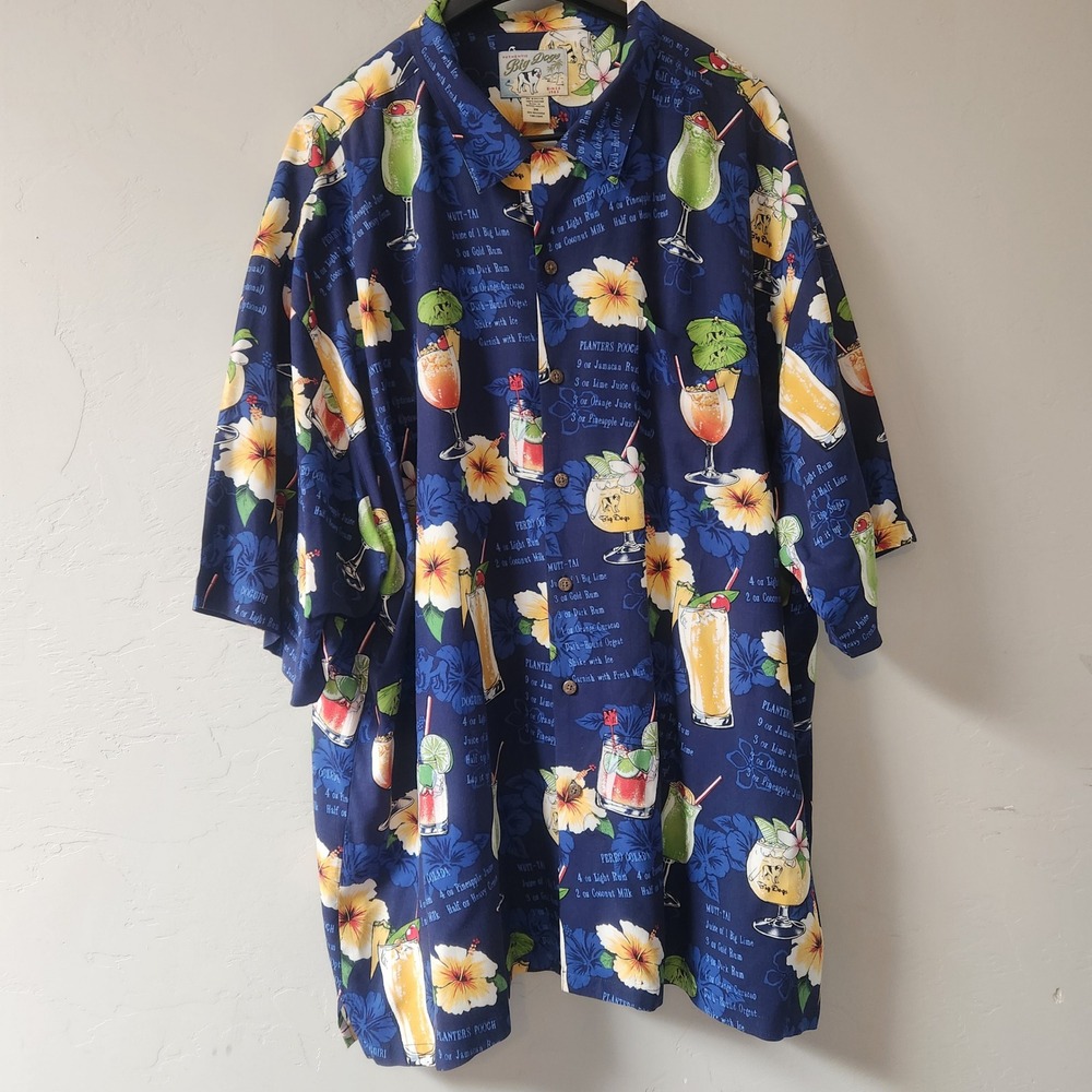 Vintage Big Dogs Blue Hawaiian Shirt Size 3X Tropical Cocktail Mix Drink Recipe